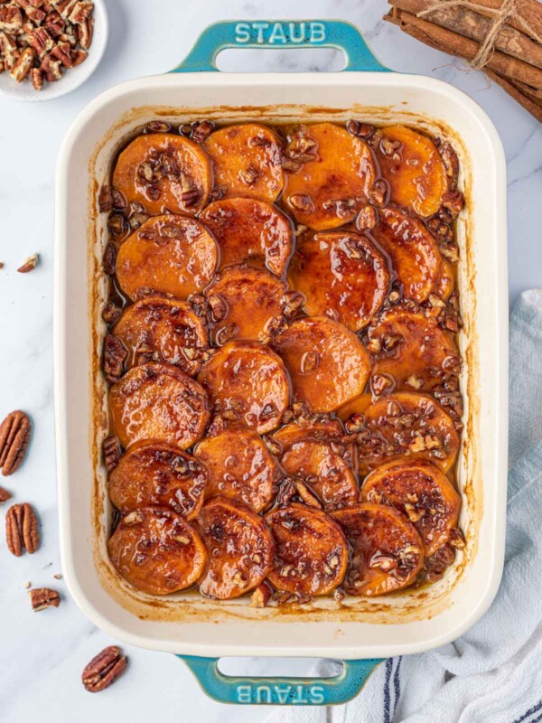 candied sweet potatoes in a baking dish