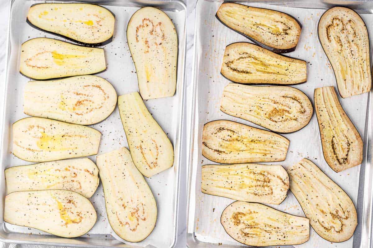 baked eggplant in a sheet pan