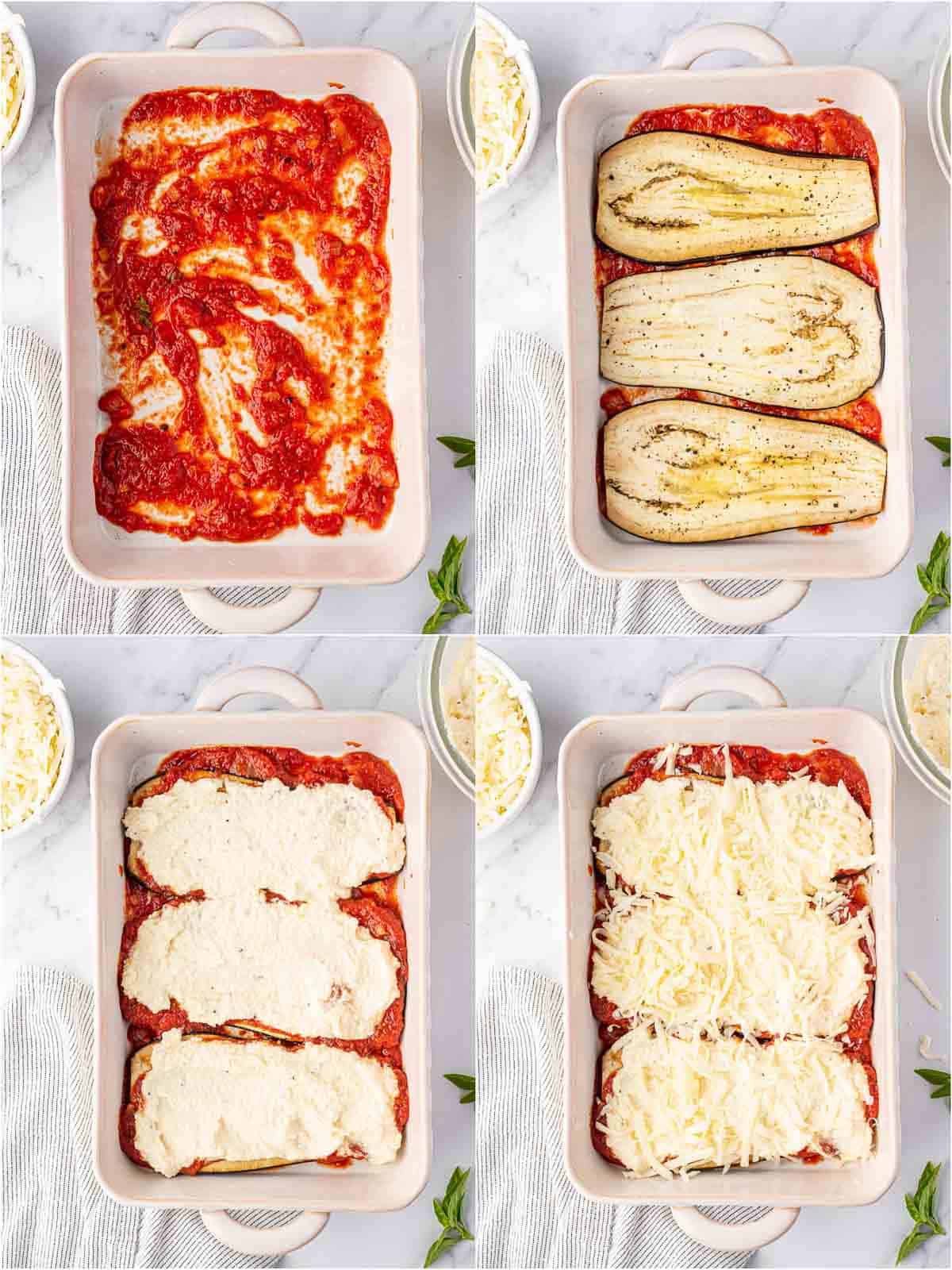 assembly of eggplant parmesan dish