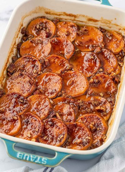 candied sweet potatoes in a baking dish