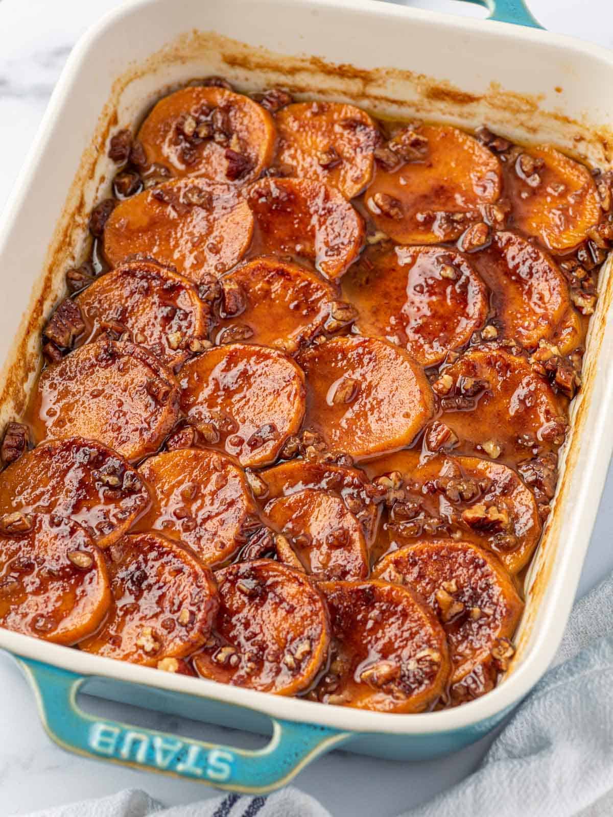 candied sweet potatoes in a baking dish