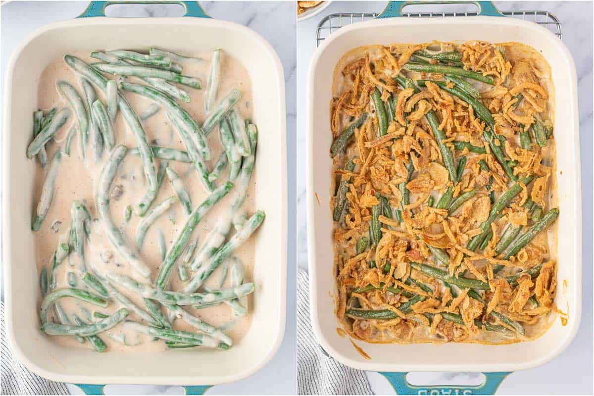 cheesy green beans in baking dish before and after topping with crunchy onions