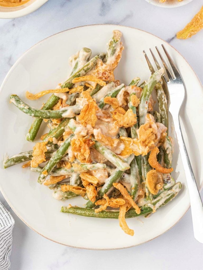 Cheesy Green Bean Casserole served on a plate
