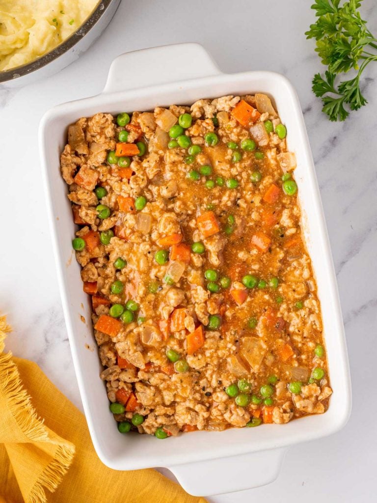 shepherds pie filling in a baking dish