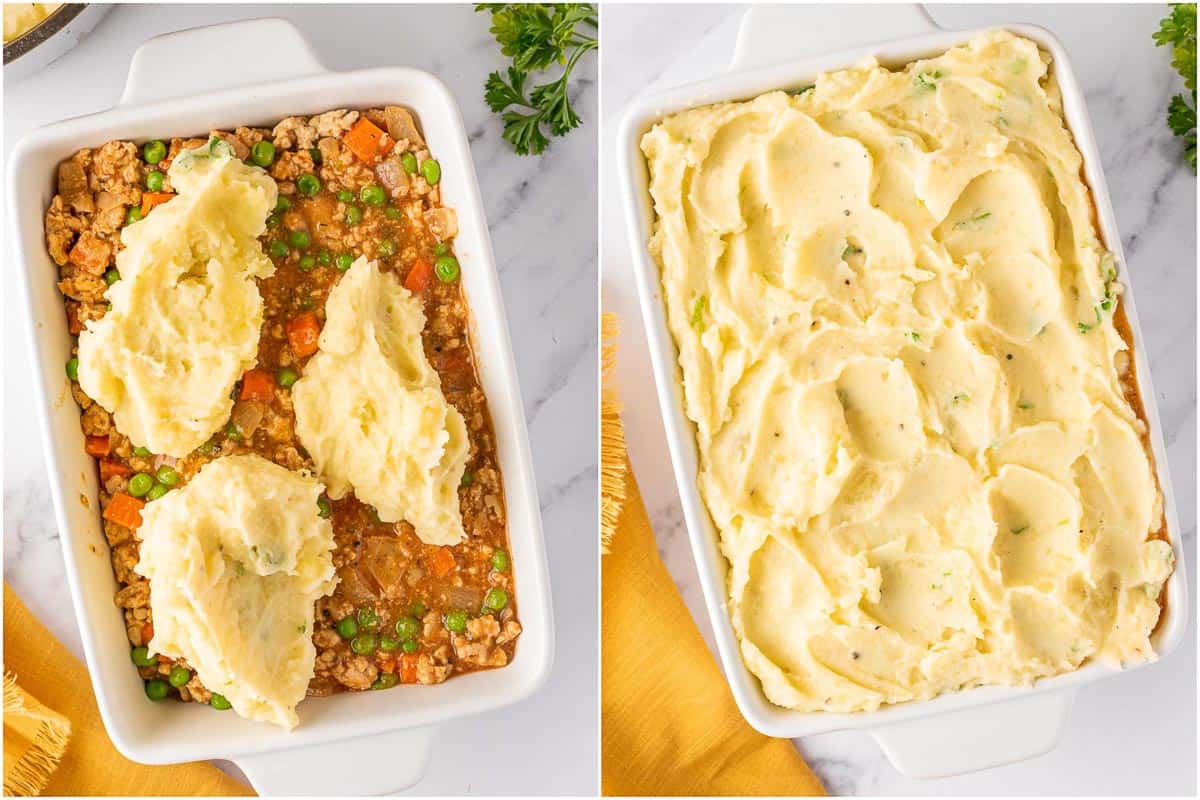 shepherds pie being assembled in a rectangular baking dish