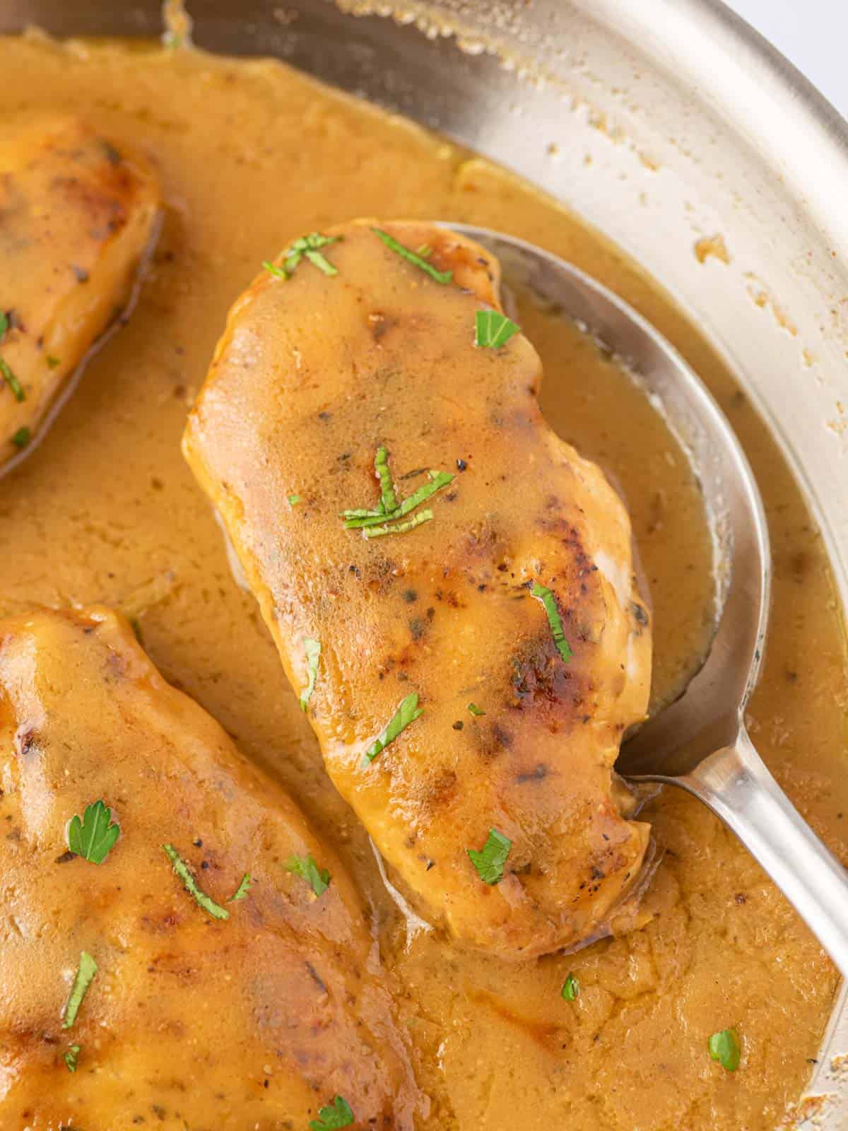 A spoon lifting a chicken breast in gravy.