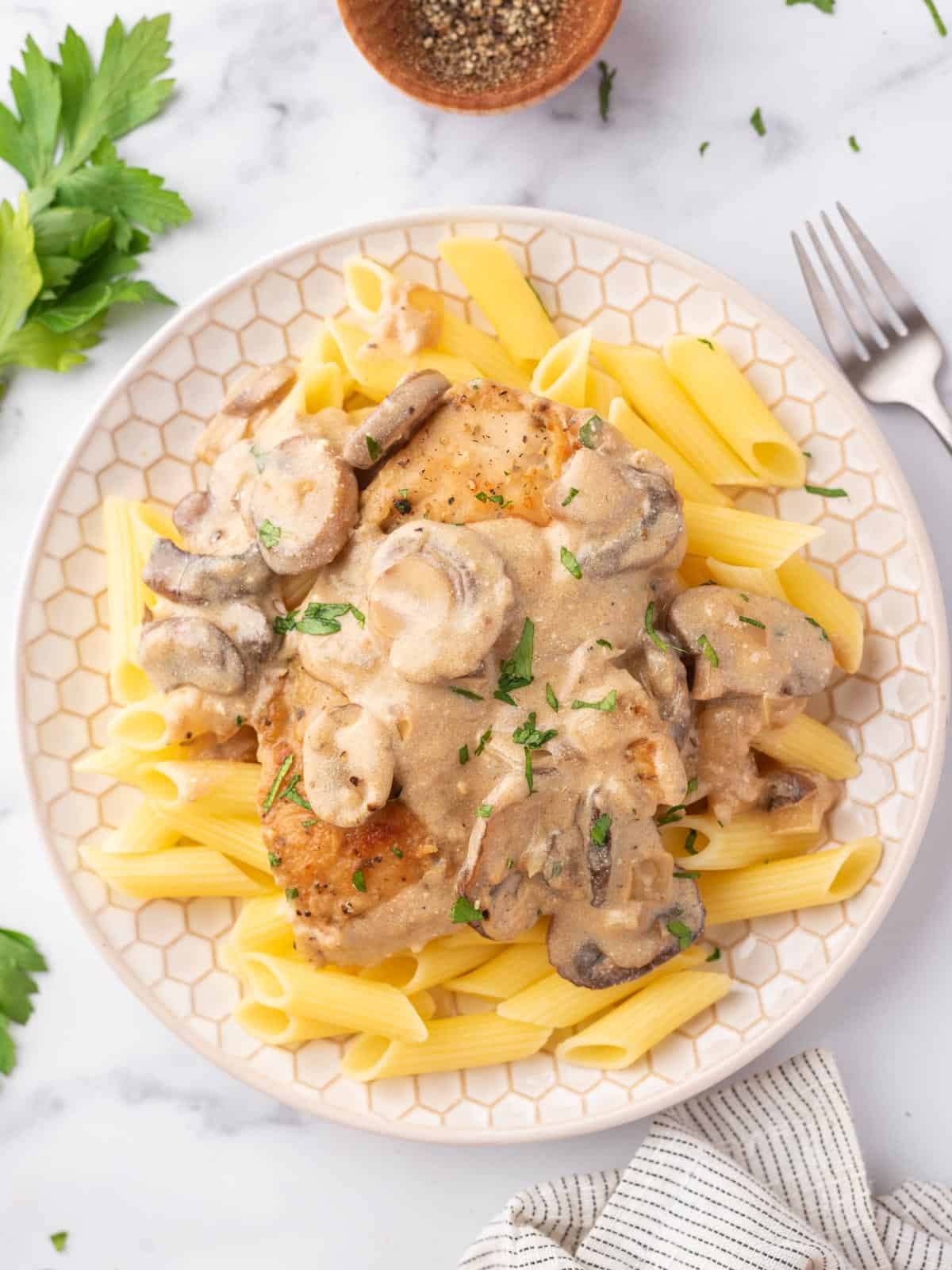 Creamy Chicken and Mushroom Stroganoff served over pasta in a plate