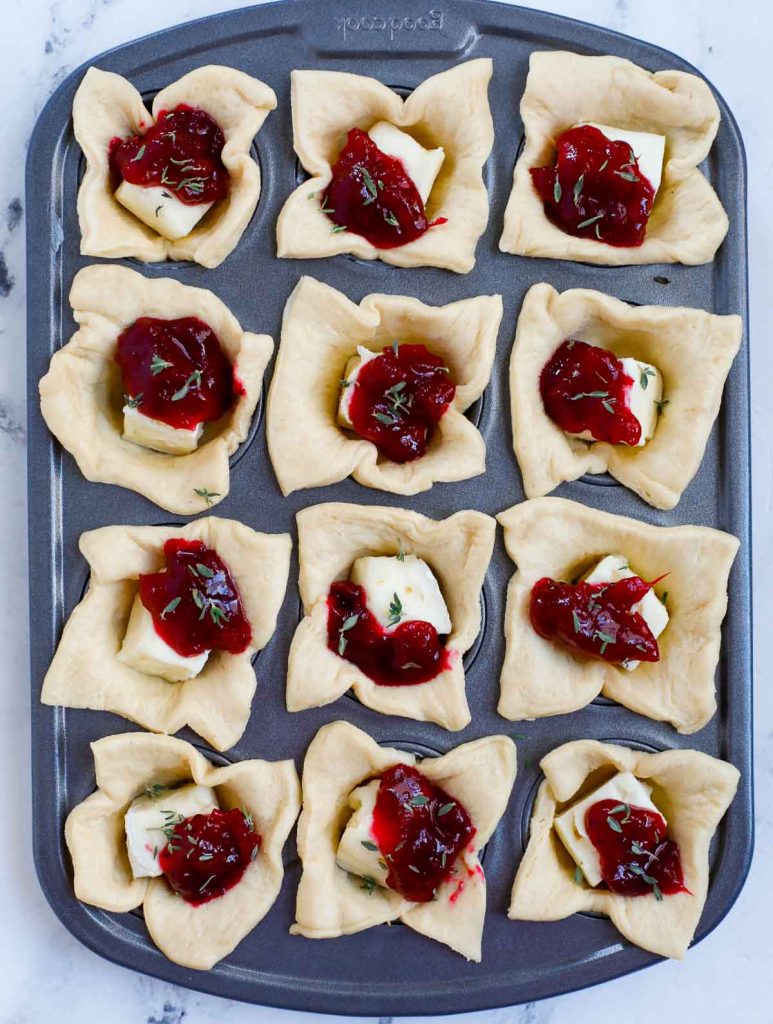 cranberry and brie bites before baking