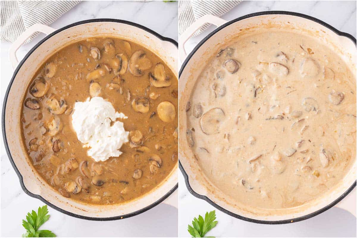 creamy stroganoff sauce in a skillet