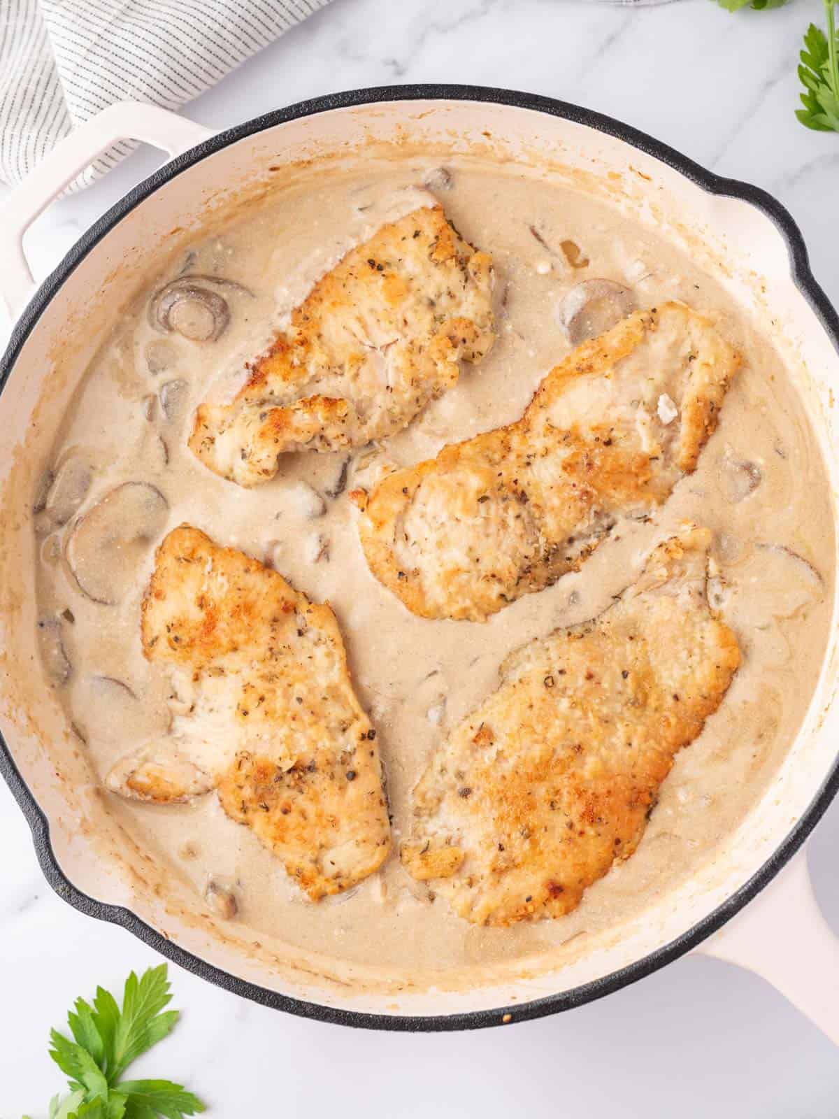 cooked chicken placed in stroganoff sauce