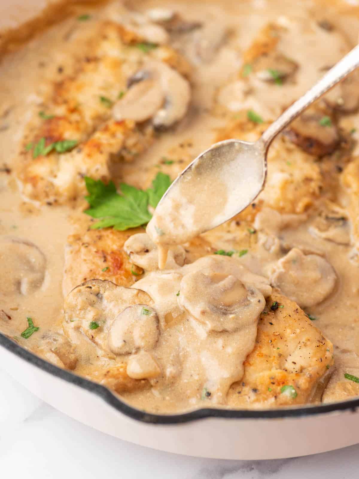 spoon applying stroganoff sauce to a piece of chicken