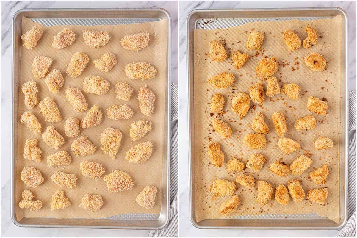 Before and after of baked popcorn chicken on a sheet pan.