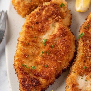 Close up of a crispy parmesan crusted chicken breast.
