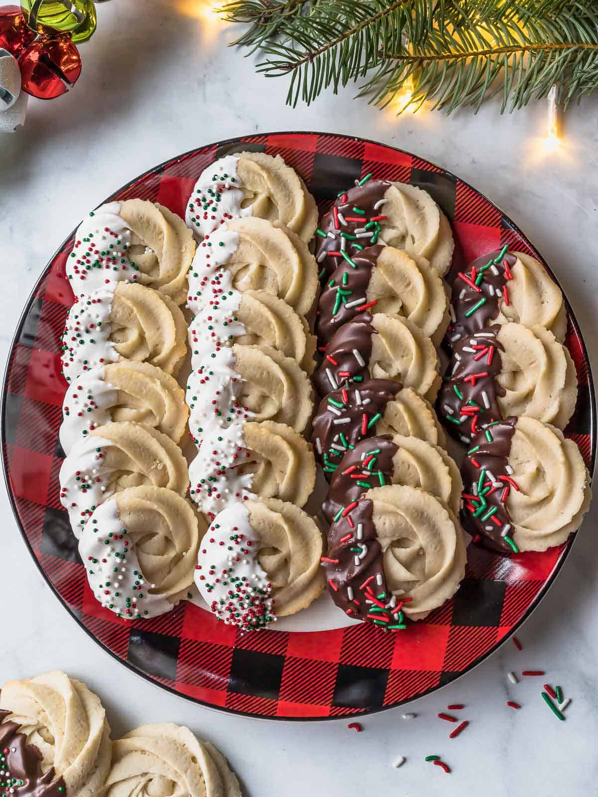 variation of danish butter cookies in a plaid plate