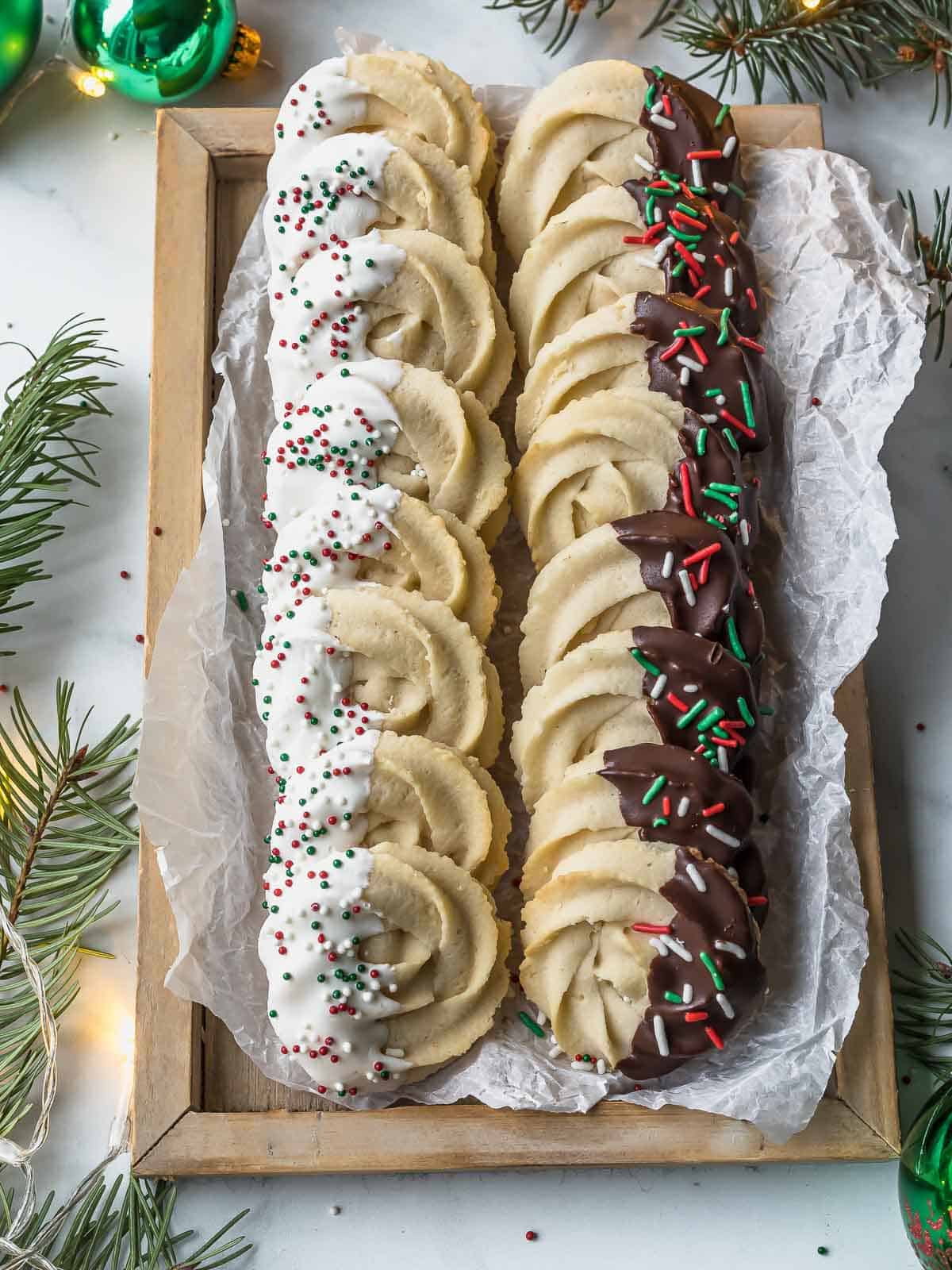 variation of danish butter cookies in a wooden platter