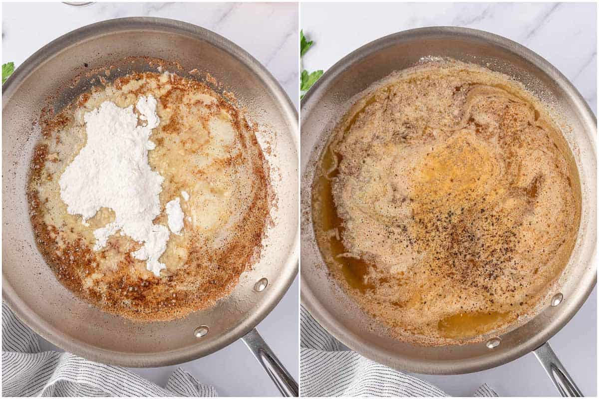 Butter and flour cooking in the skillet to form the roux.