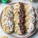 Rosette butter cookies dipped in white and dark chocolate with festive sprinkles.