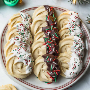 Rosette butter cookies dipped in white and dark chocolate with festive sprinkles.