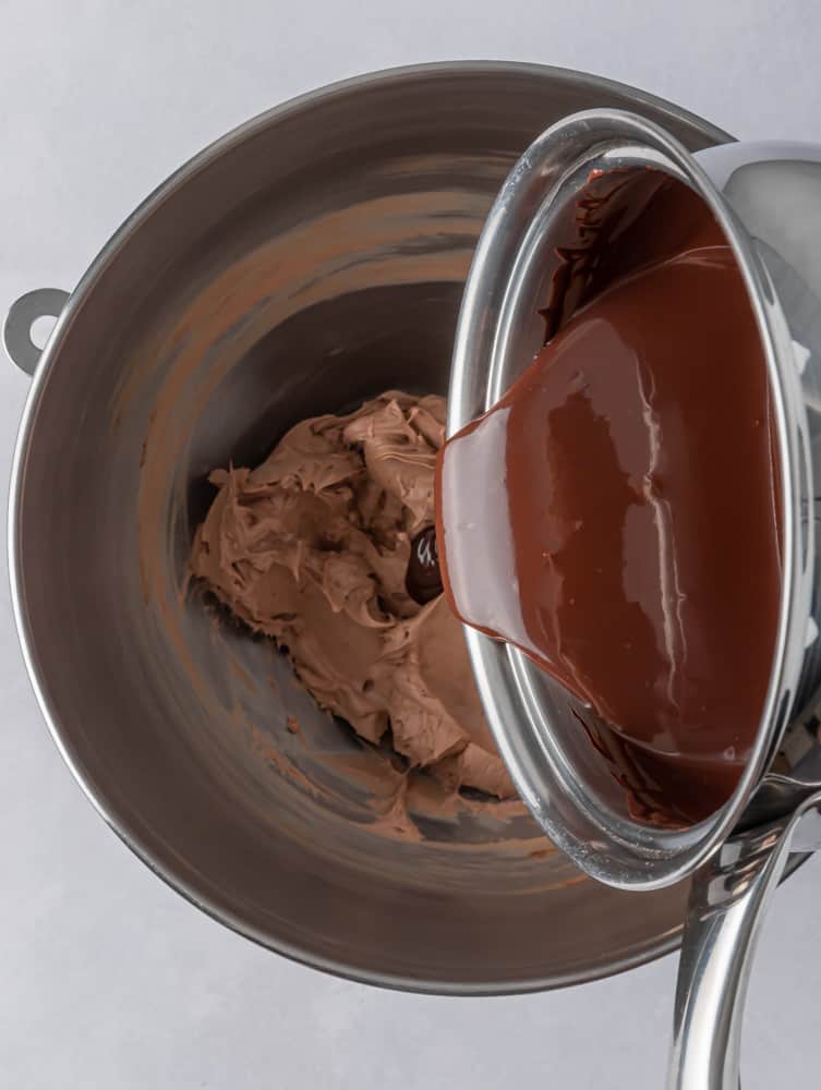 melted chocolate being mixed into the silk filling