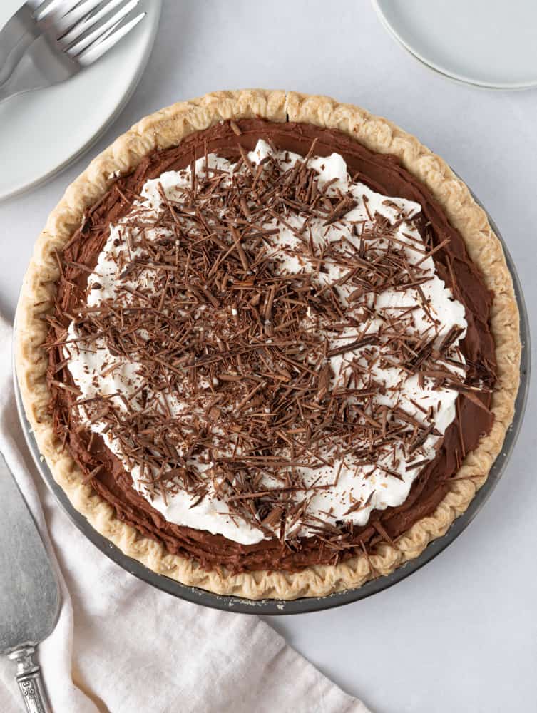 top down view of chocolate french silk pie