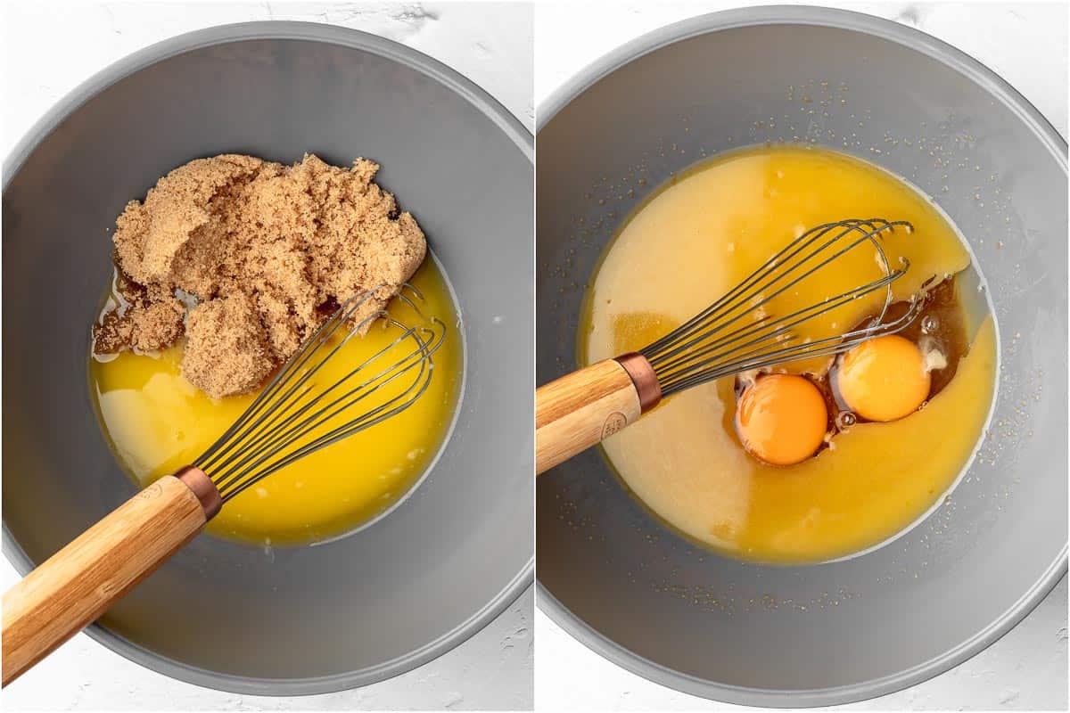 mixing the eggs, sugar and butter in a bowl to create the wet mixture.