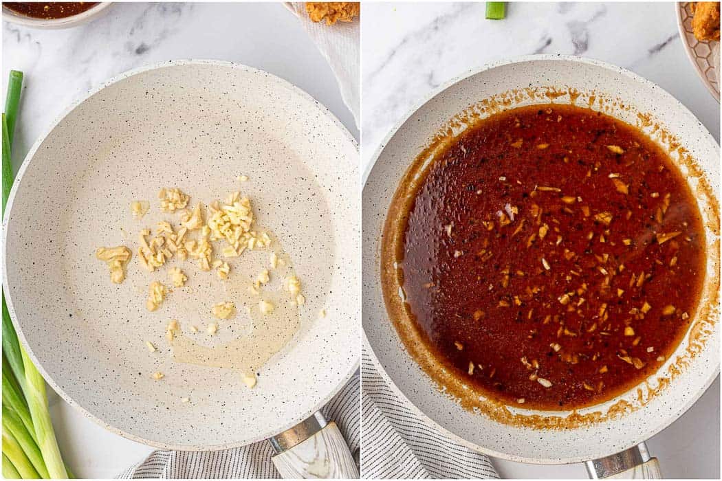 Garlic cooking in pan then remaining sauce ingredients are added.