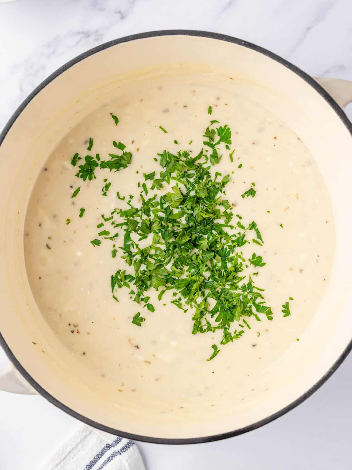 A pot of creamy alfredo sauce topped with fresh chopped parsley.