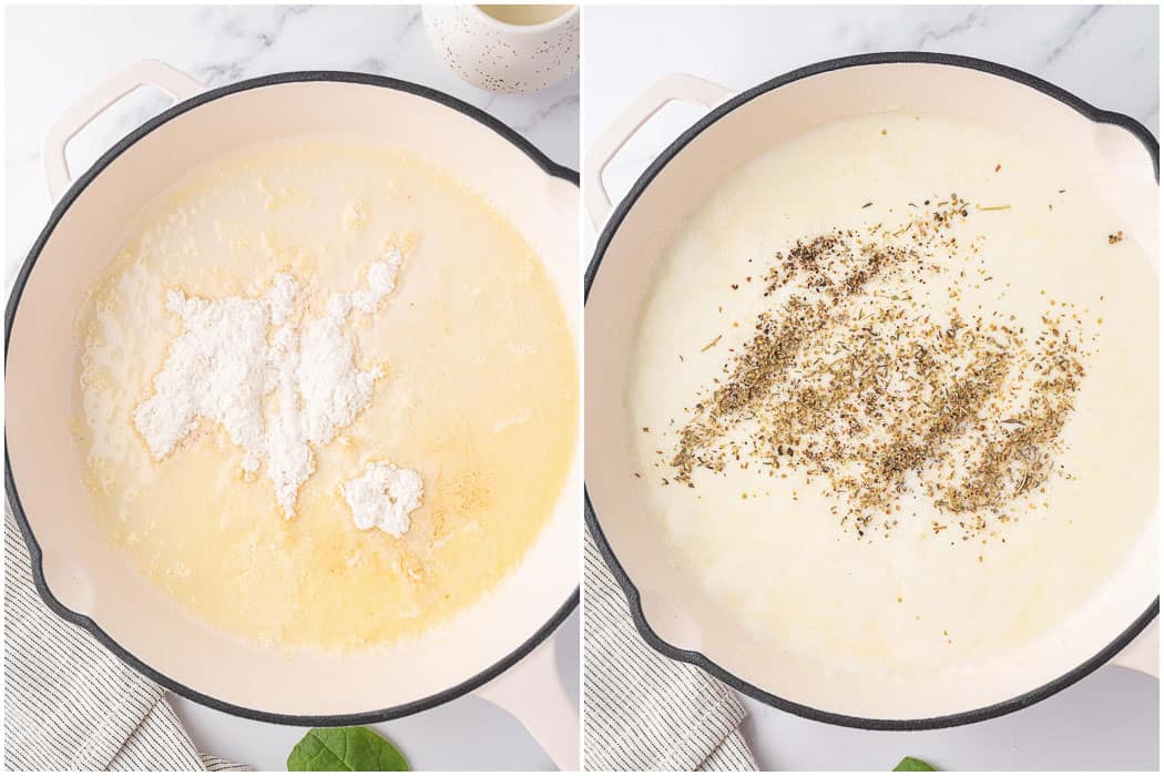 Butter and flour make a roux for a creamy sauce.