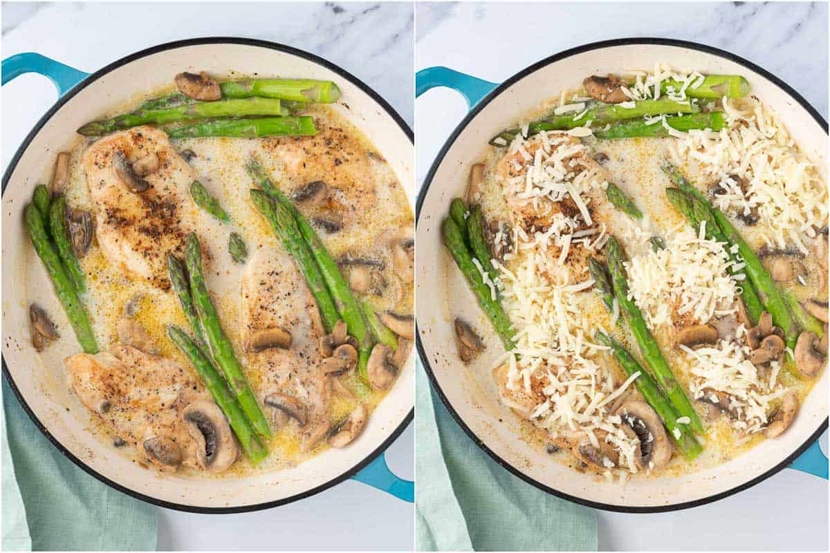 Chicken and asparagus added to the pot of sauce with cheese on top.