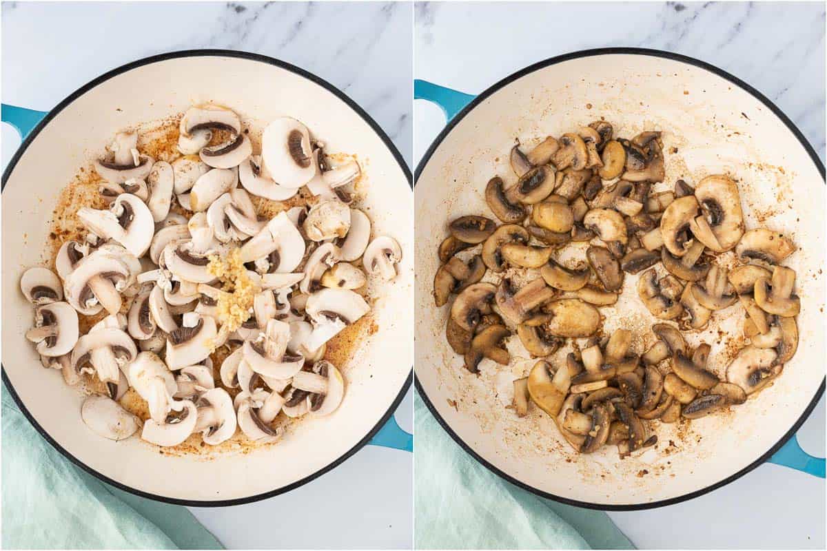 Two photos showing mushrooms and garlic cooked.