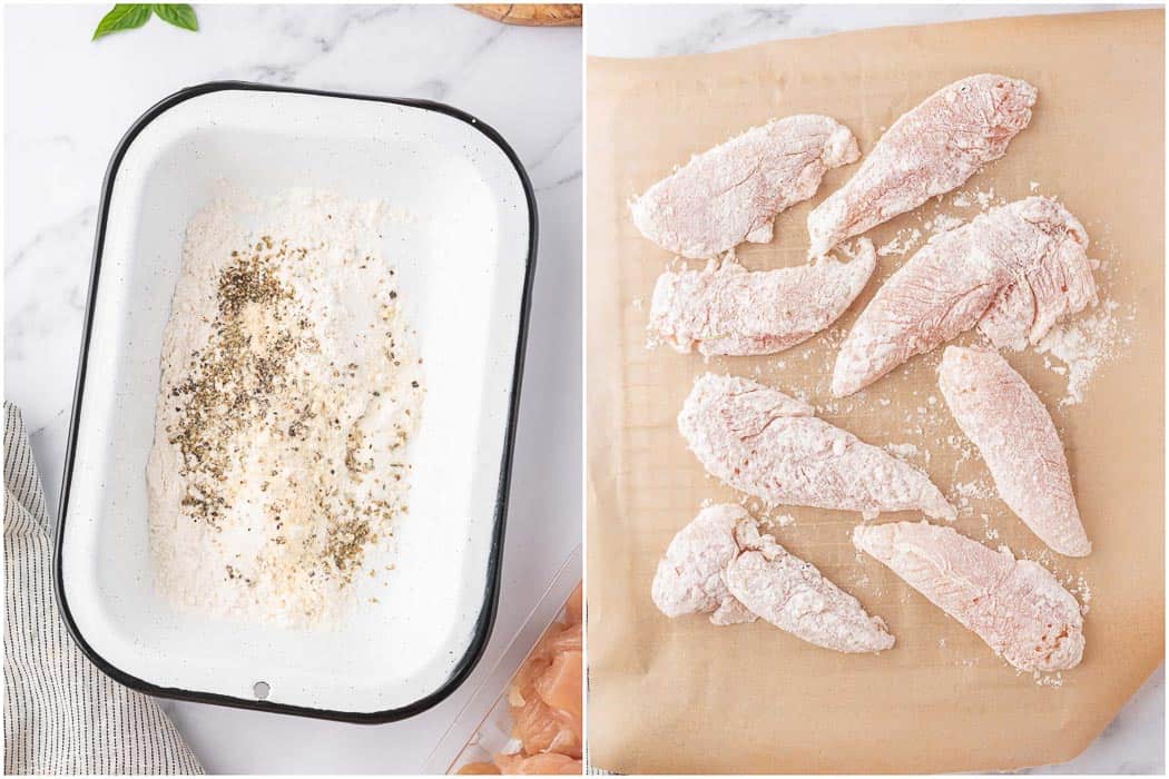 A dish with flour and seasoning and parchment paper with dredged chicken.