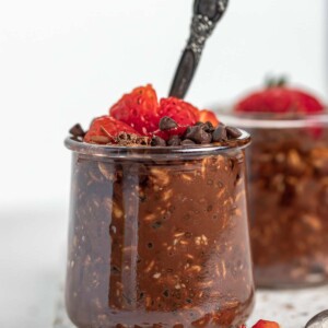 front close up view of the chocolate overnight oats in a cup