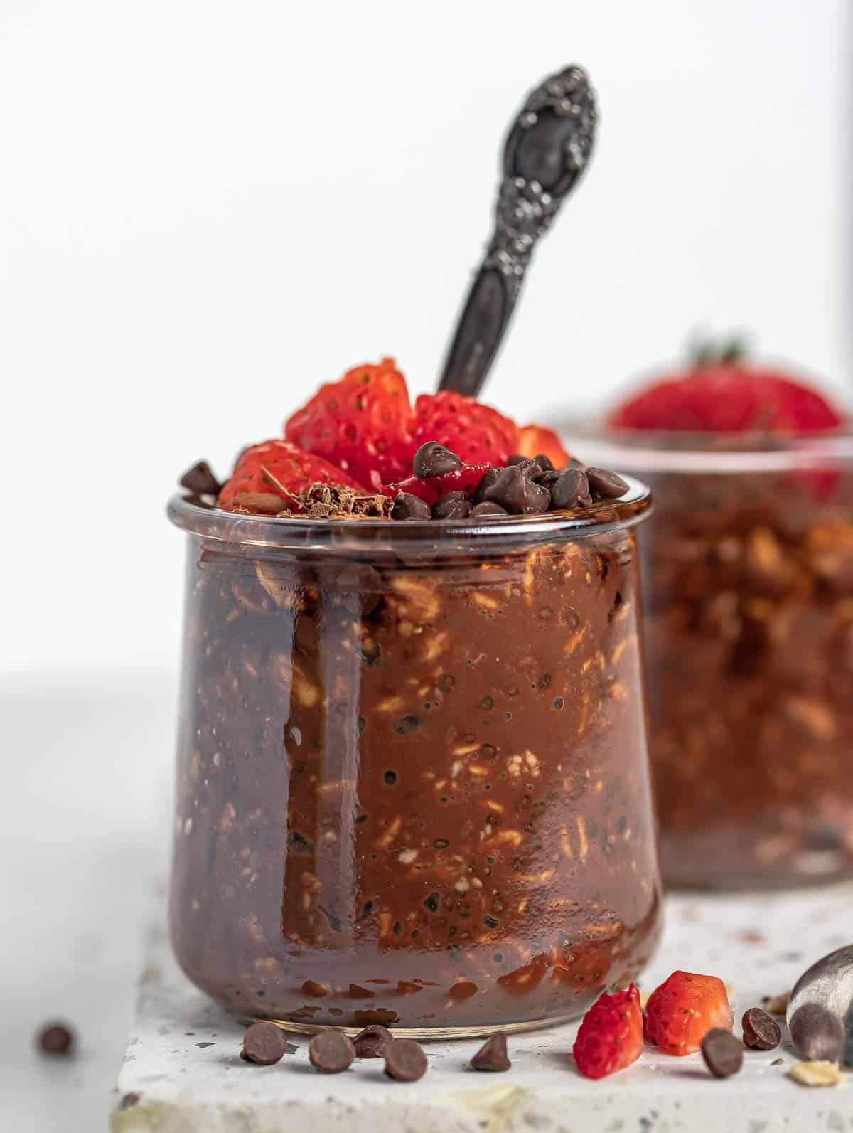 front close up view of the chocolate overnight oats in a cup