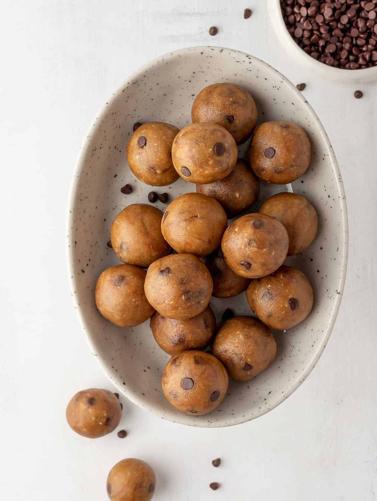 top down shot of cookie dough balls in a bowl