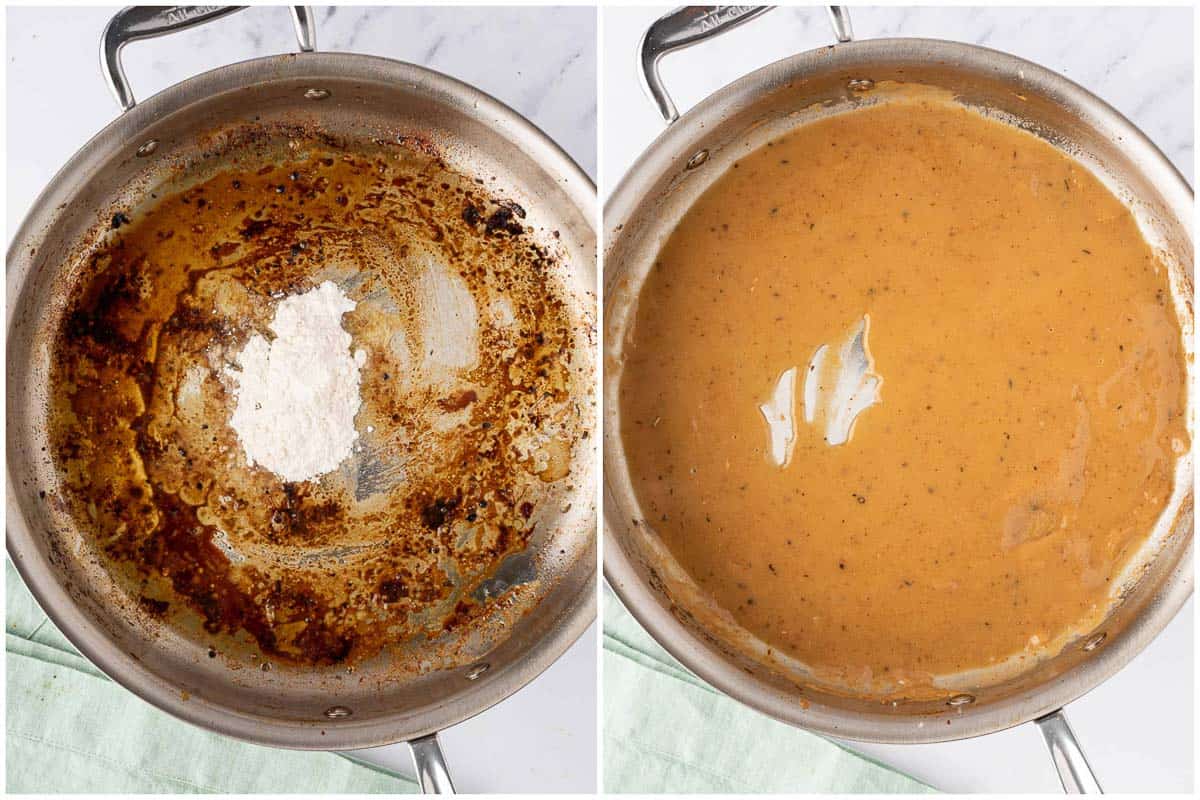 Two photos showing flour and butter added to the pan.