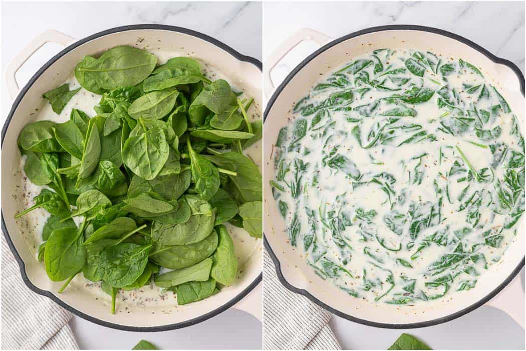 Process shot showing spinach being wilted into the creamy sauce for ravioli with spinach.