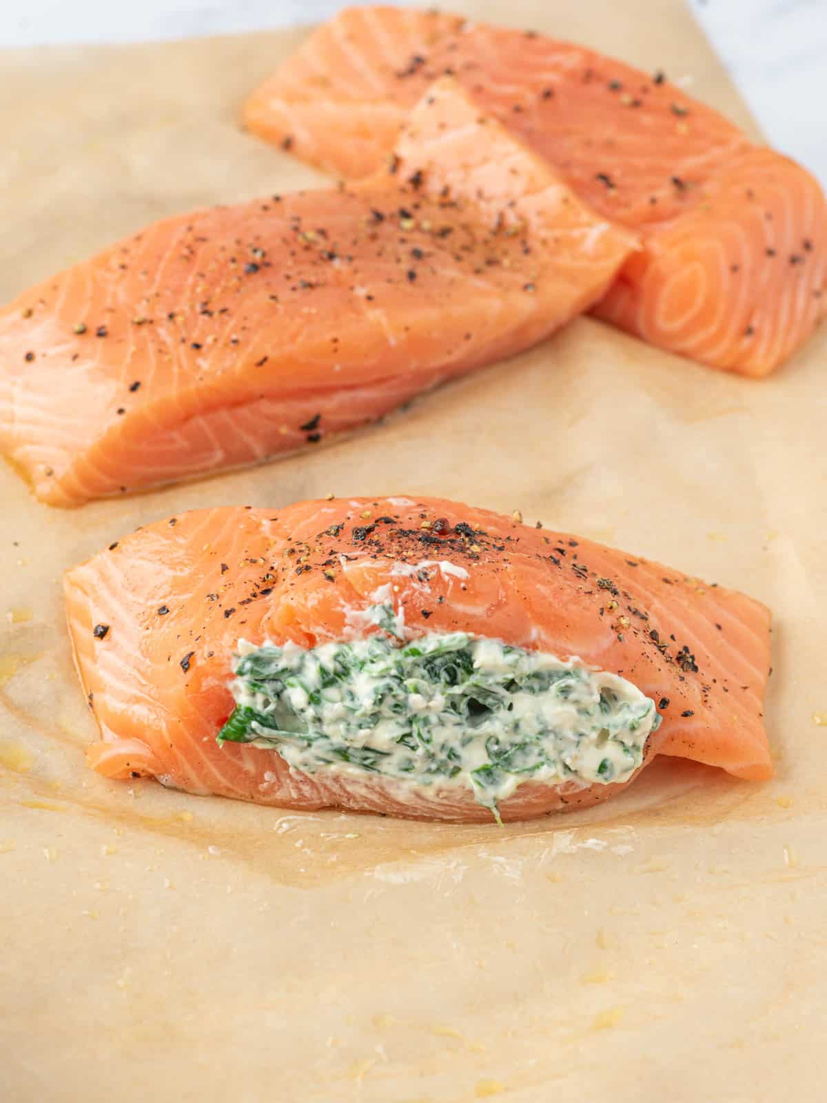 Salmon stuffed with creamy spinach. 