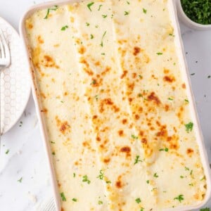 White chicken lasagna in a casserole dish with a plate and a silver fork to the side and a bowl of chopped parsley.