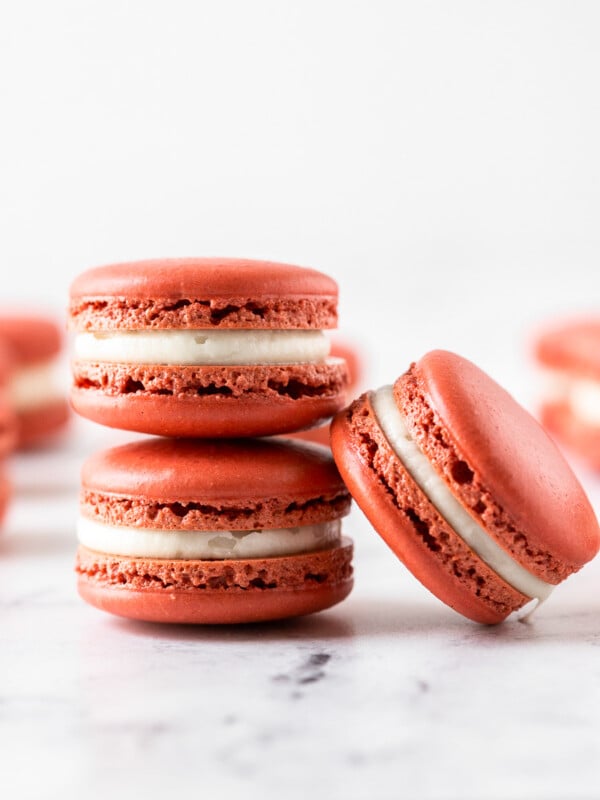 stacked red velvet macarons.
