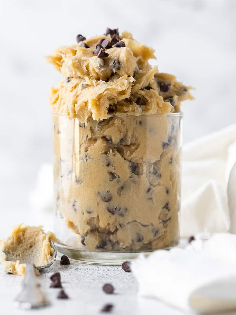 edible cookie dough in a clear glass