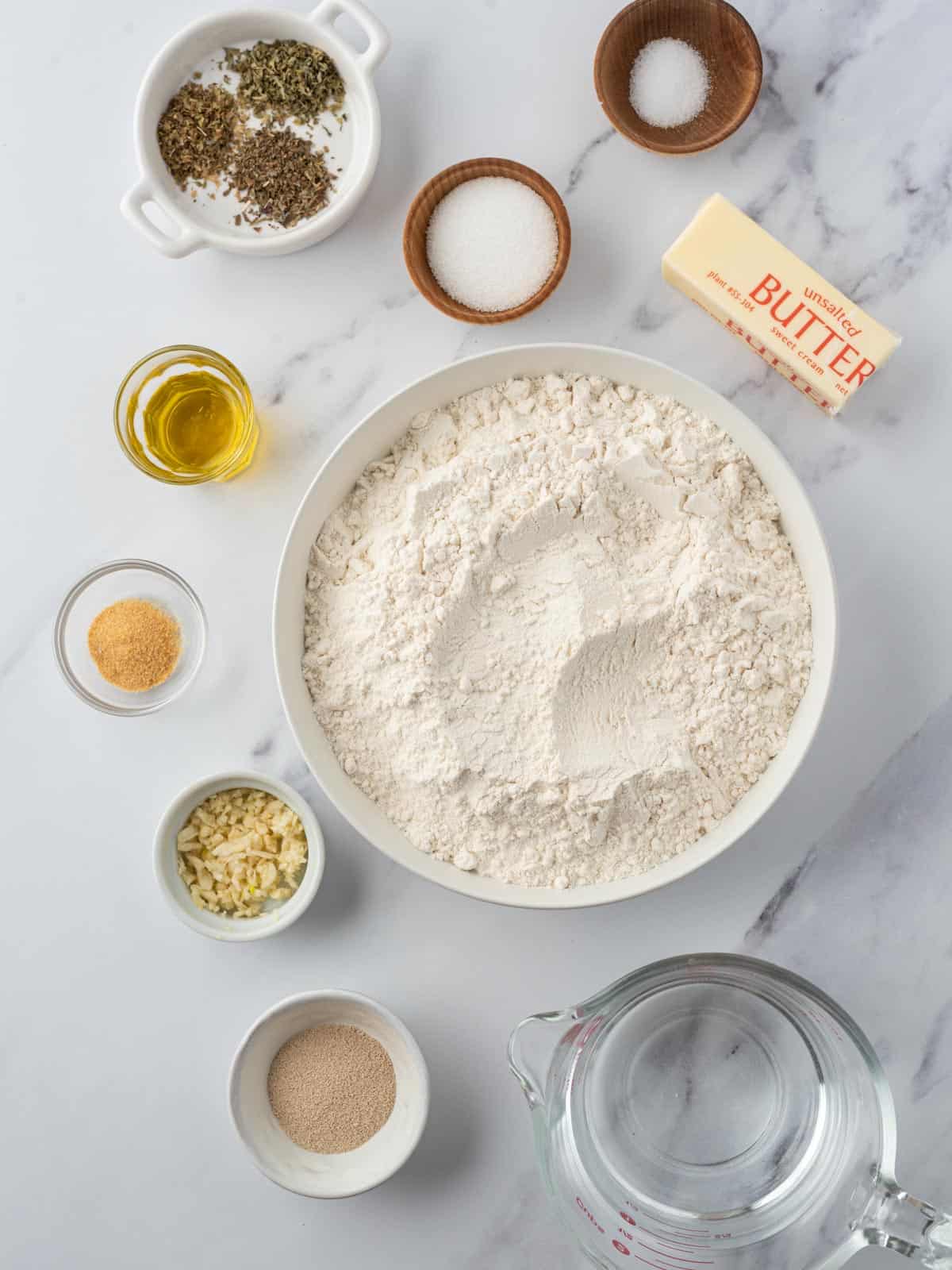 Ingredients needed to make garlic knots.