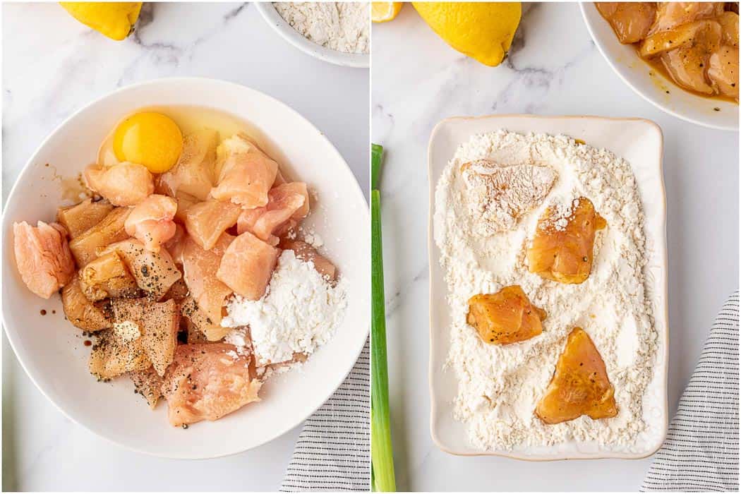 Marinade and dredging plate for frying chicken.