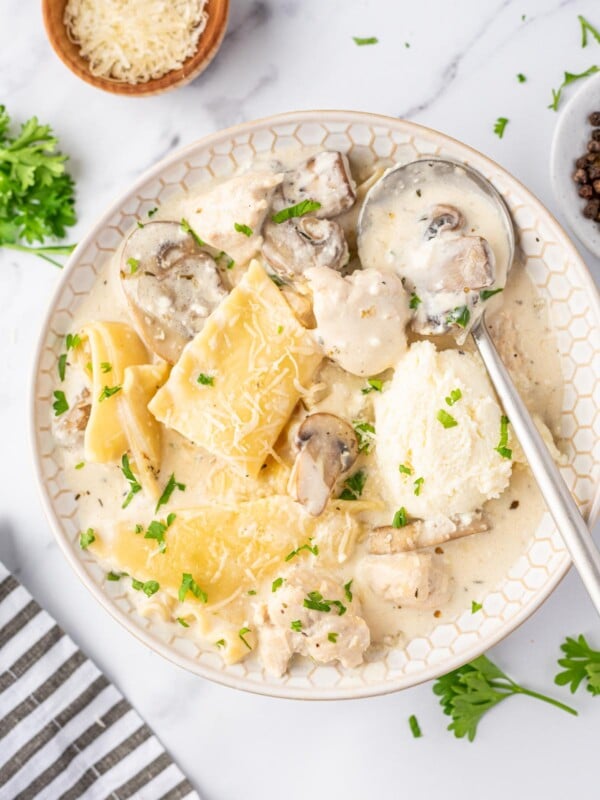 A single serving of creamy white chicken lasagna soup in a bowl with a silver spoon.