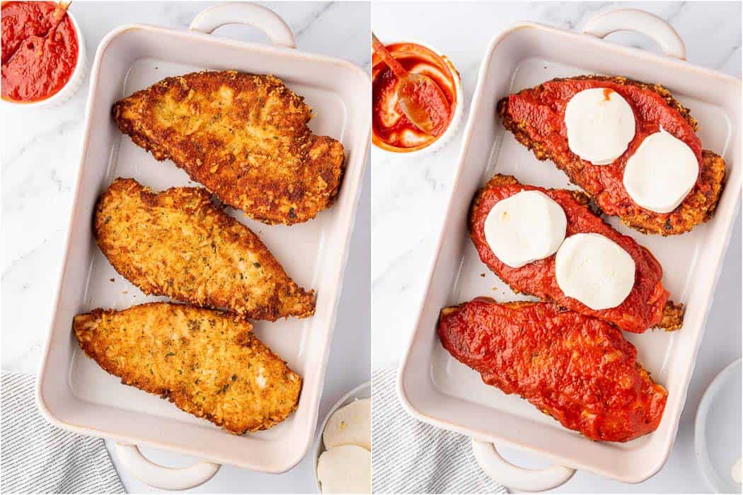 Panfried chicken is place in a baking dish and topped with marinara and mozzarella.