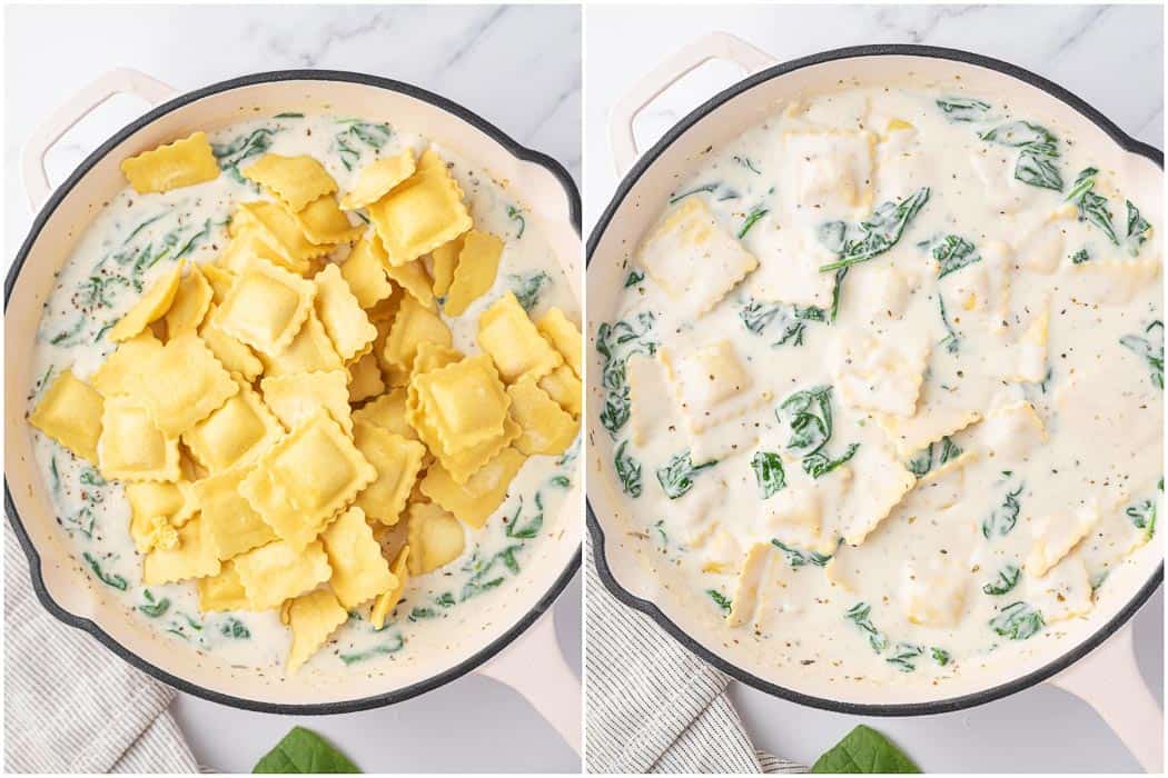 Process of mixing the ravioli with the creamy cheese sauce.