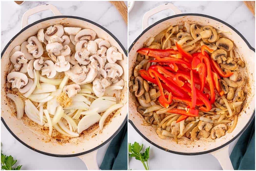 Process of sauteing mushrooms, onions and red peppers.