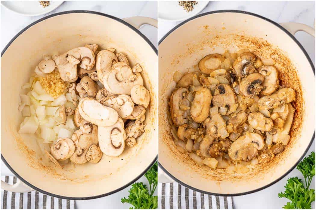 Process of sautéing onions, garlic and mushrooms in a dutch oven.