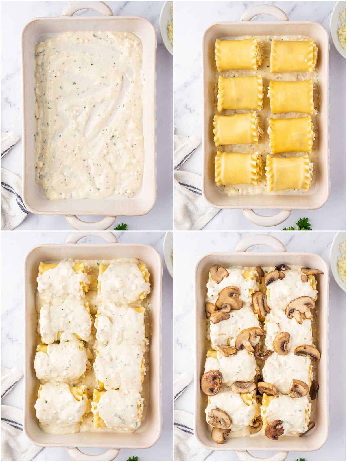 Assembly of the chicken alfredo roll ups in a baking dish.