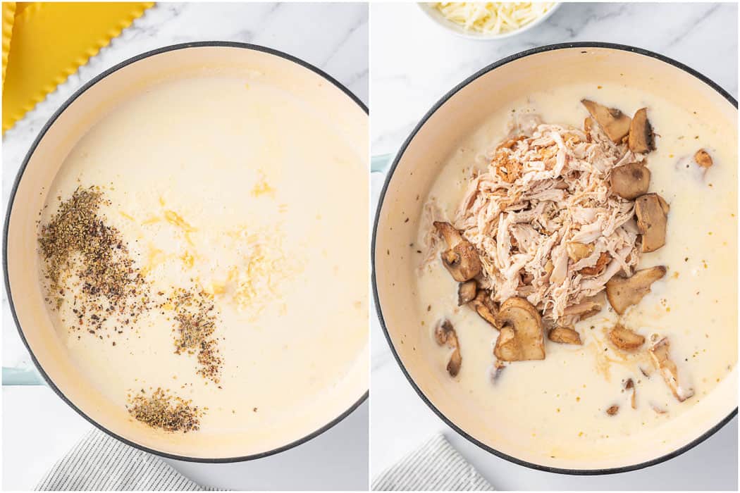 Herbs, chicken and mushrooms are added to a creamy béchamel sauce.