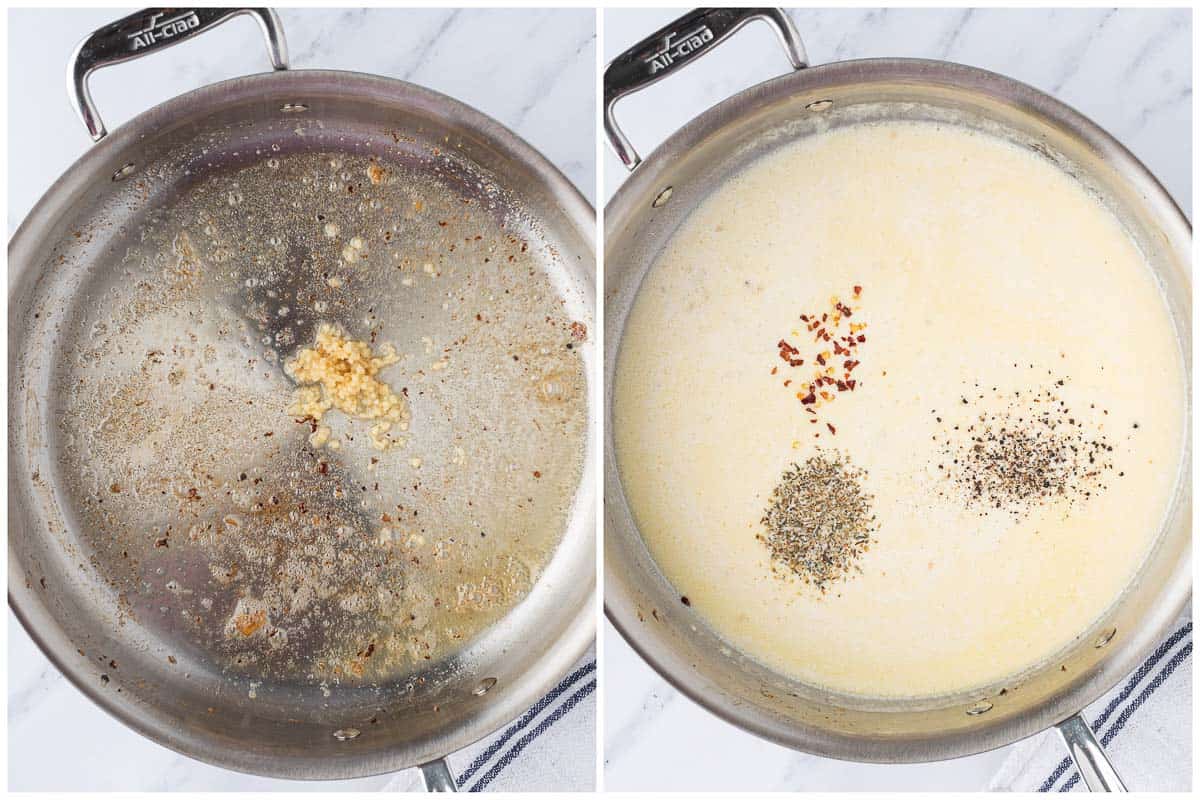 process shots showing how to make the creamy butter salmon sauce